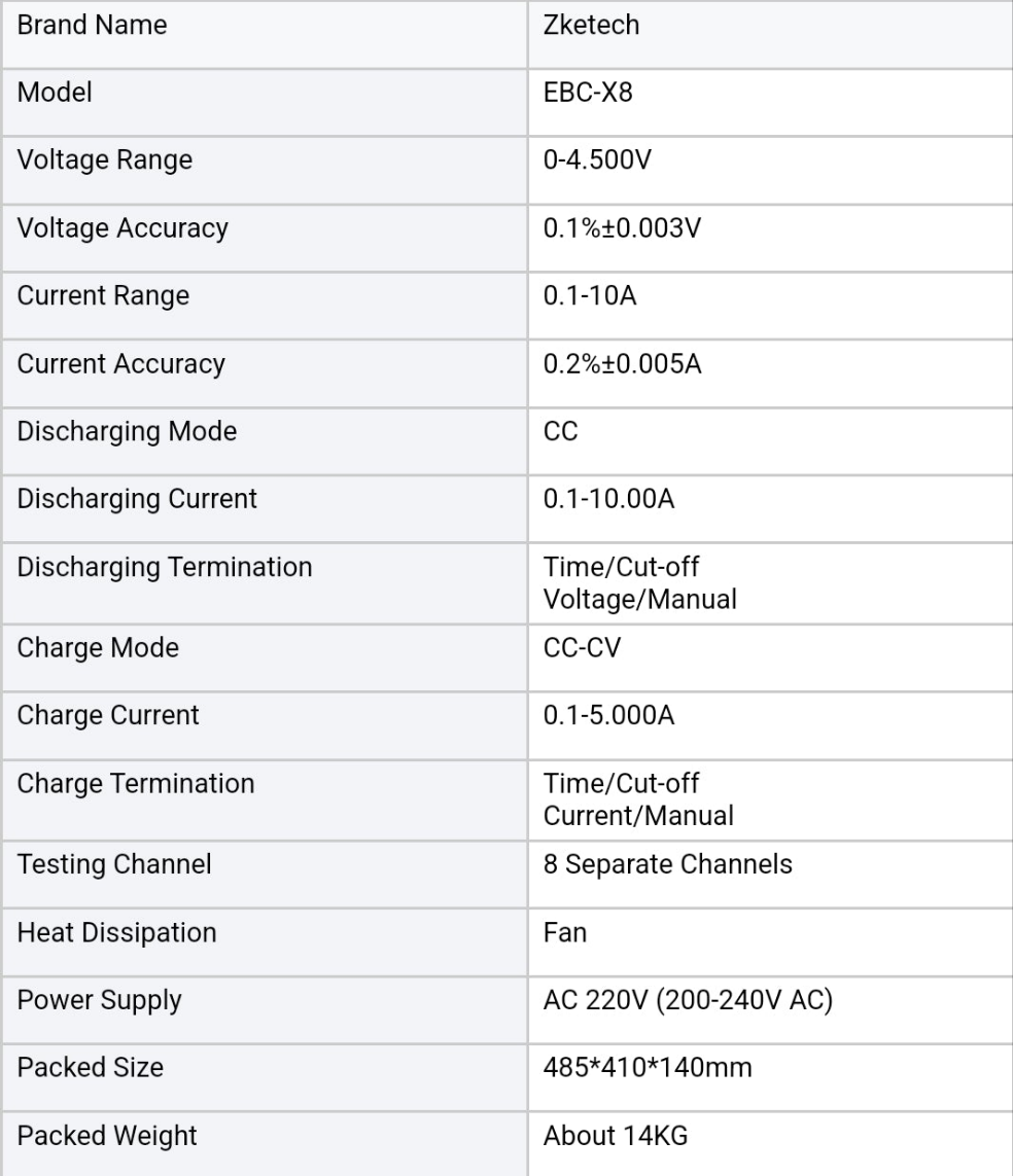 Zketech 5V1A 2A 3A 6A 8 Channel Cylindrical Cell 18650 Battery Analyser Battery Capacity Tester Battery Testing Machine EBC-X