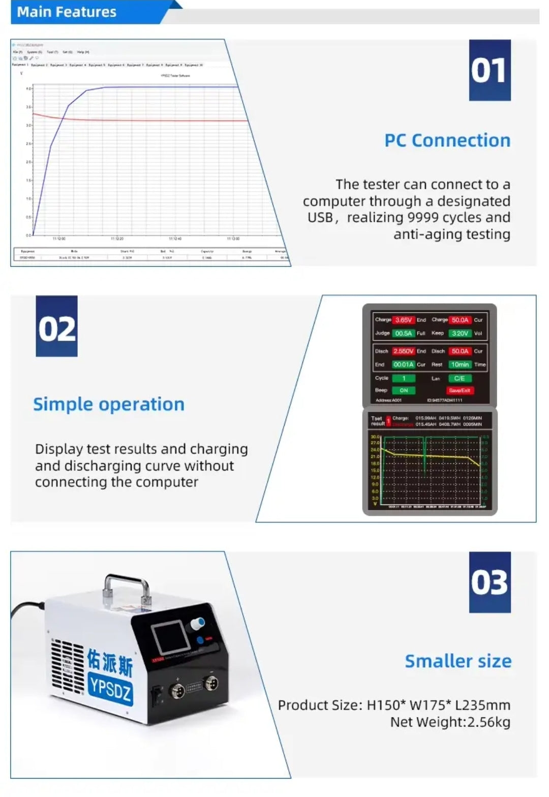 High Current 5V 50A Charge Discharge Detector YPSDZ-0550 Aging Load Analyzer Lithium Battery Capacity Tester