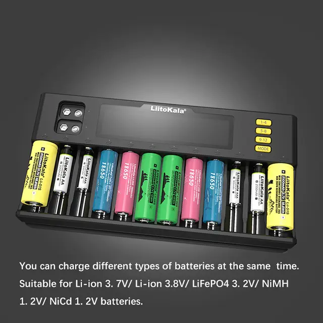 LiitoKala Lii-S12 Intelligent Charger 12 Slot Suitable for LiFeP04 Li-ion NiMH for 26700 26650 21700 18650 AA AAA C Batteries