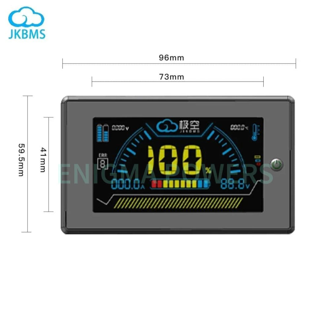 A JKBMS automotive dashboard display screen with dimension markings showing 96mm width, 73mm width, 41mm height, and 59.5mm height, on a white background.