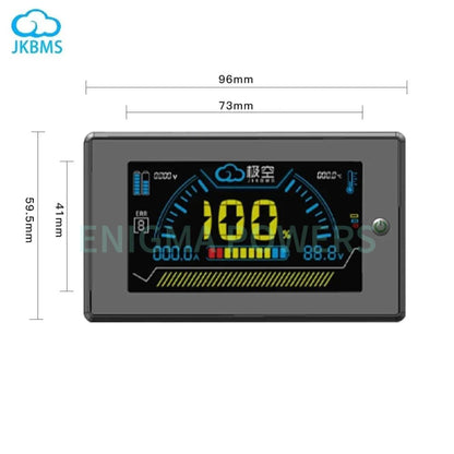 A JKBMS automotive dashboard display screen with dimension markings showing 96mm width, 73mm width, 41mm height, and 59.5mm height, on a white background.