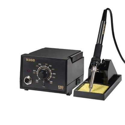 A black soldering station set including a digital temperature-controlled soldering base unit, a soldering iron with a black handle, and a yellow sponge in a black stand, shown on a white background.60w Hakko