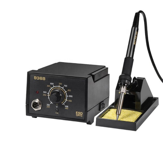 A black soldering station set including a digital temperature-controlled soldering base unit, a soldering iron with a black handle, and a yellow sponge in a black stand, shown on a white background.60w Hakko