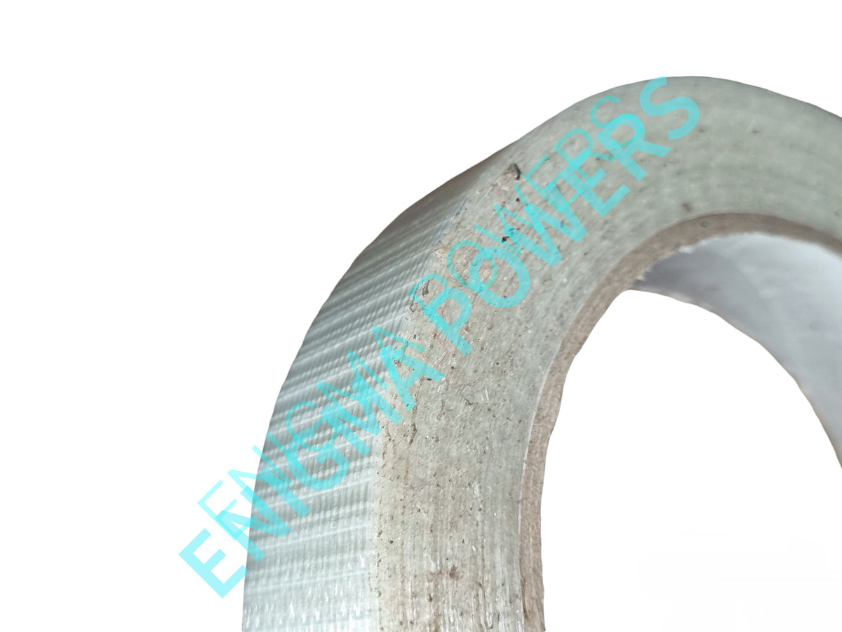 A close-up of a roll of silver-gray fiberglass tape on a white background, featuring a diagonal light blue watermark reading 'ENIGMA POWERS'.