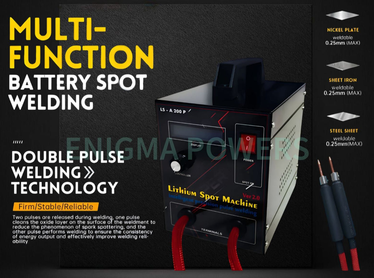 A promotional product graphic for a lithium spot welding machine. The black rectangular machine is shown at center with red cables attached, alongside text callouts reading 'MULTI-FUNCTION BATTERY SPOT WELDING' and 'DOUBLE PULSE WELDING TECHNOLOGY.