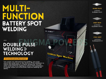 A promotional product graphic for a lithium spot welding machine. The black rectangular machine is shown at center with red cables attached, alongside text callouts reading 'MULTI-FUNCTION BATTERY SPOT WELDING' and 'DOUBLE PULSE WELDING TECHNOLOGY.