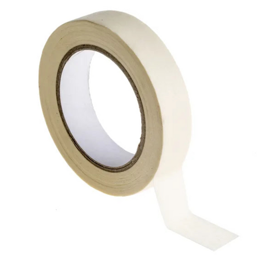 A roll of off-white or cream-colored masking tape with a cardboard core, shown with a short strip unrolled against a plain white background.