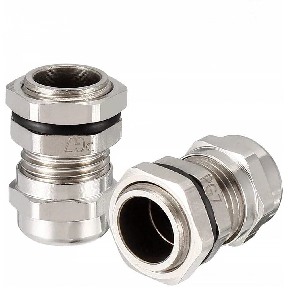 Two stainless steel cable gland connectors with black rubber O-rings, shown on a plain white background.