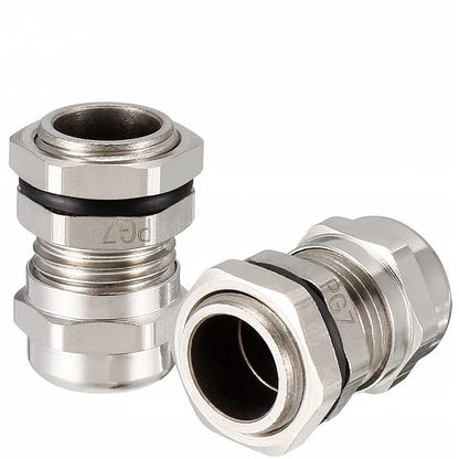 Two stainless steel cable gland connectors with black rubber O-rings, shown on a plain white background.