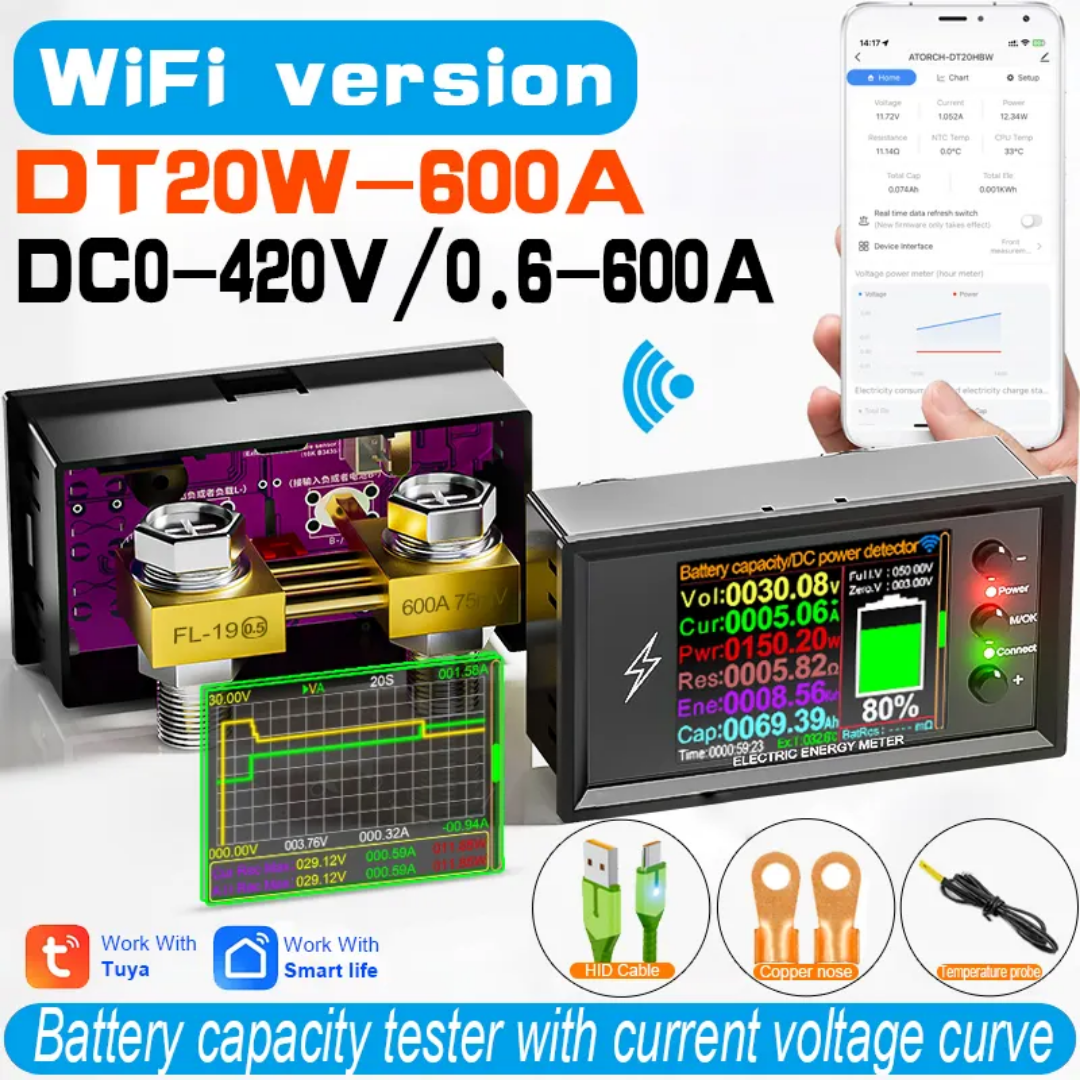 DT2OW DC 0-420V Tuya WiFi Smart Lithium Battery Capacity Detection Tester Digital Display Current Voltage Power Meter DT20