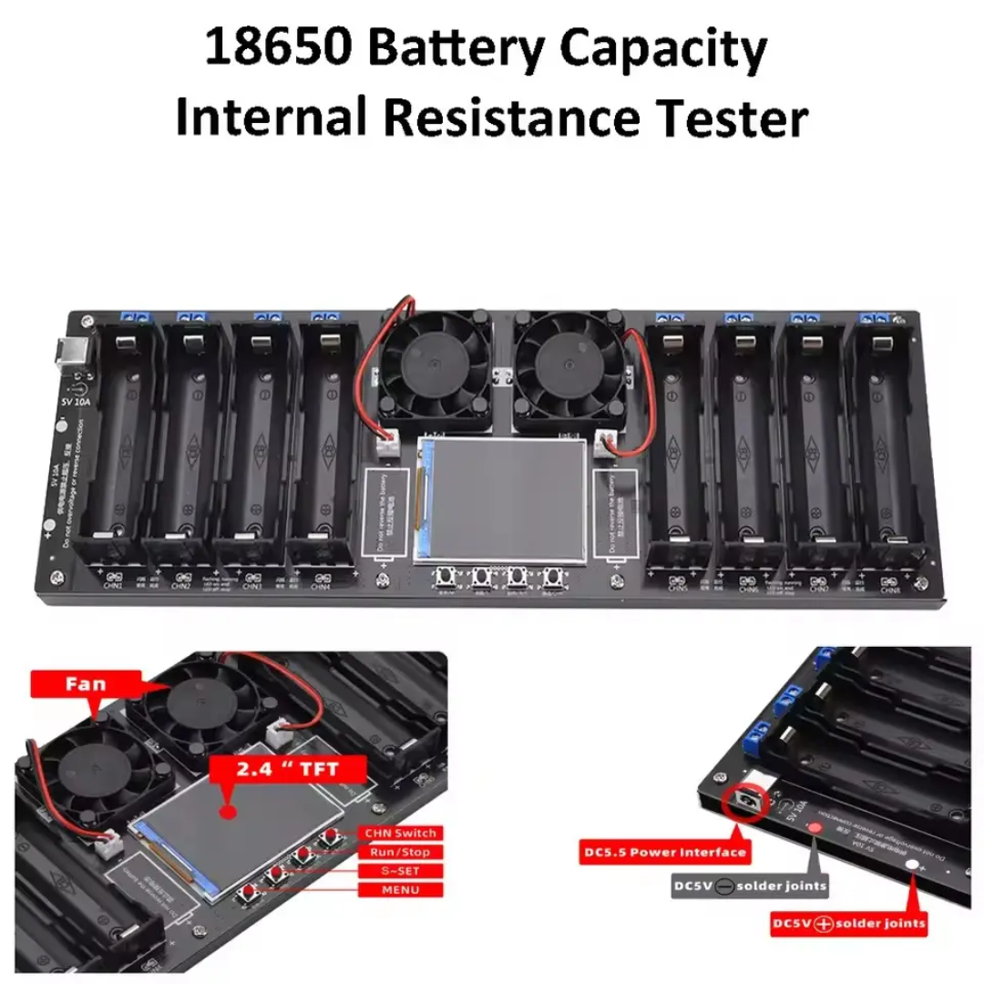 8 Channel 18650 Lithium Cell Capacity Tester. Cell Grading, Internal Resistance Tester Module Automatic Charging Discharging.