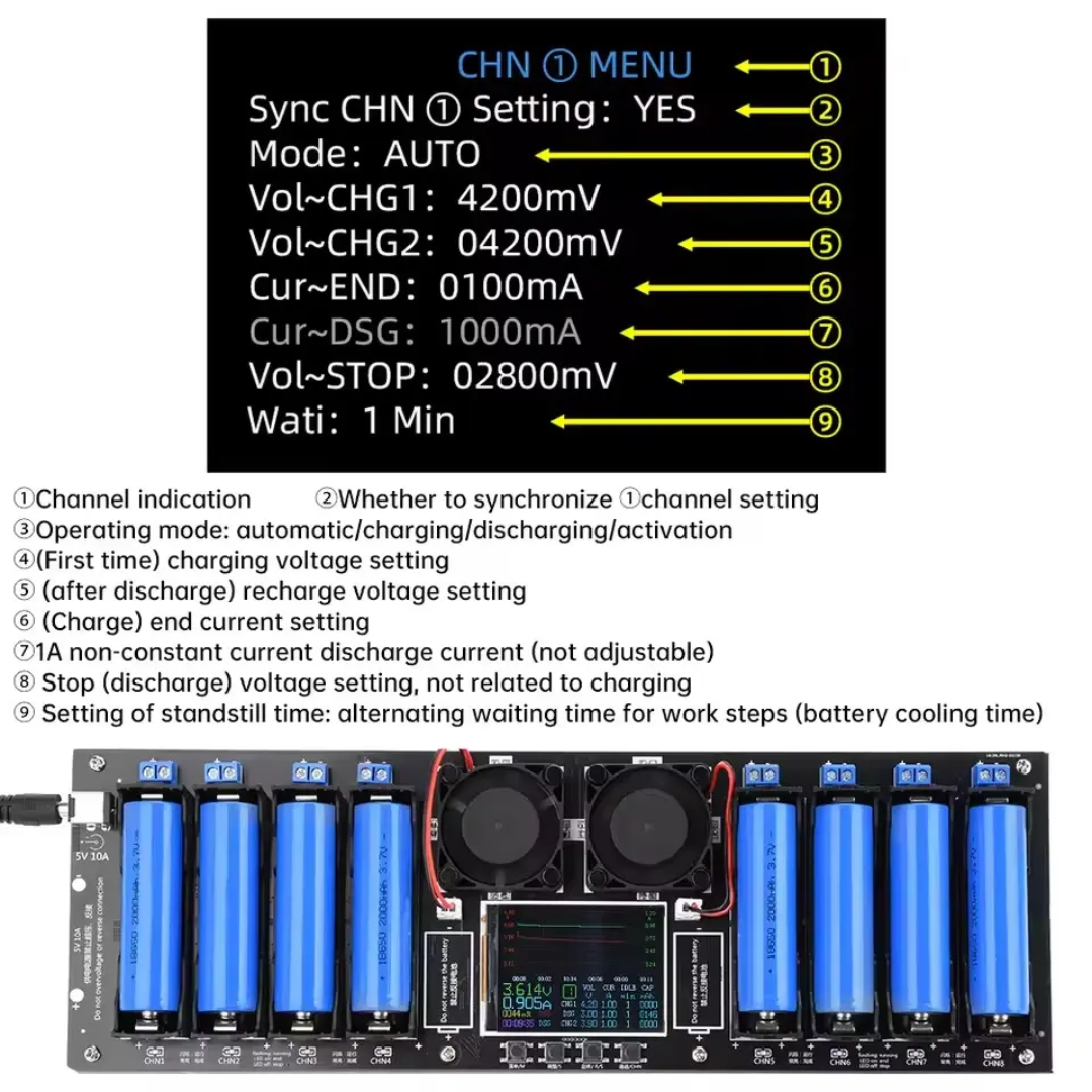 8 Channel 18650 Lithium Cell Capacity Tester. Cell Grading, Internal Resistance Tester Module Automatic Charging Discharging.