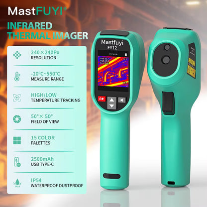 MastFuyi infrared thermal imager with specifications on a blurred background